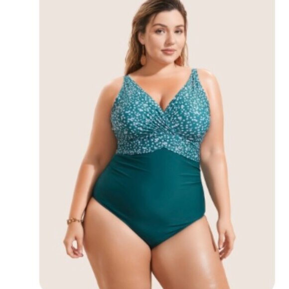 BLOOMCHIC Teal Ditsy Floral Patchwork Gathered Floral Swimsuit Swim Suit L 12 - Picture 8 of 8